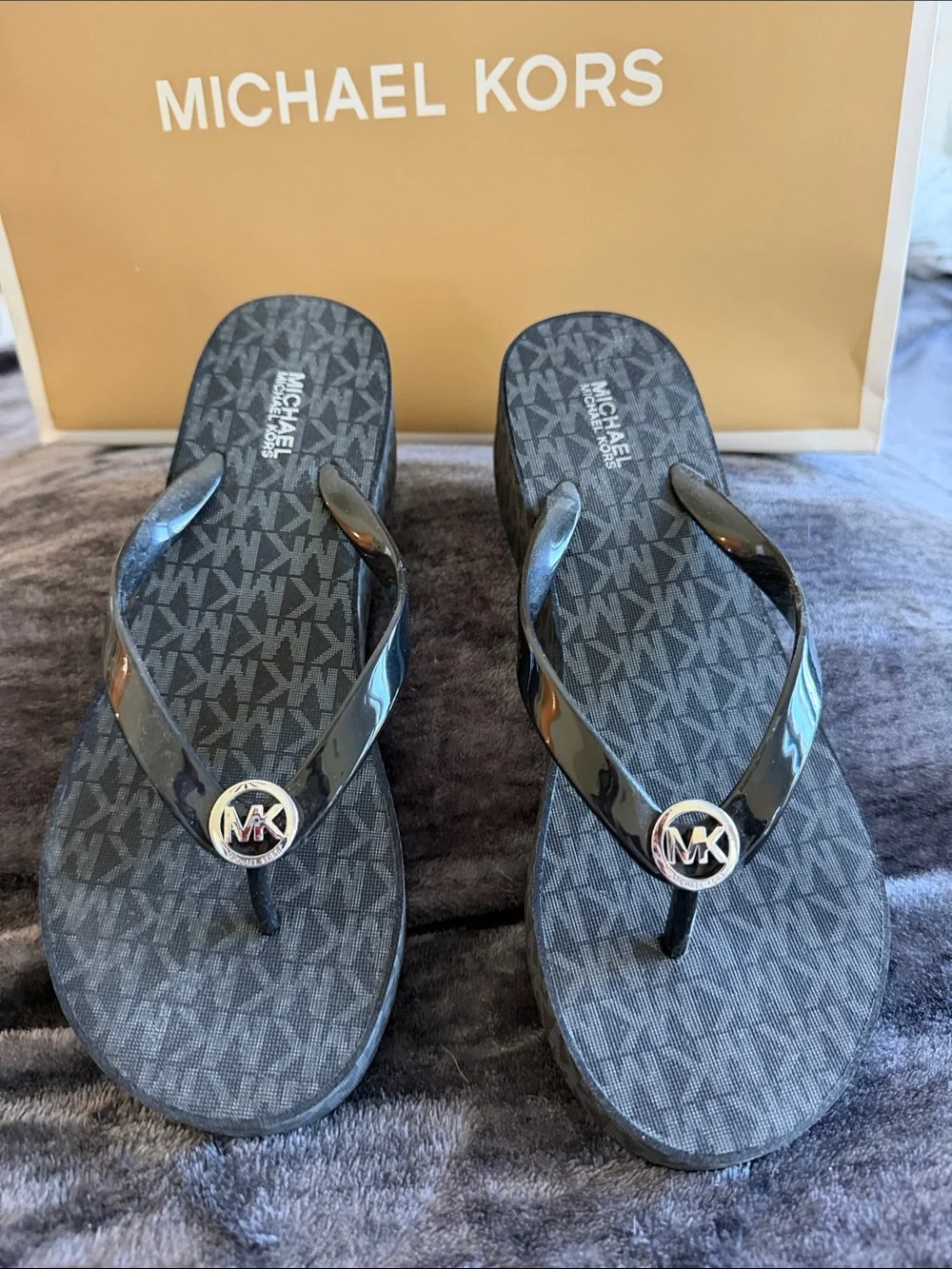 Michael Kors Black MK Logo Wedge Flip Flops